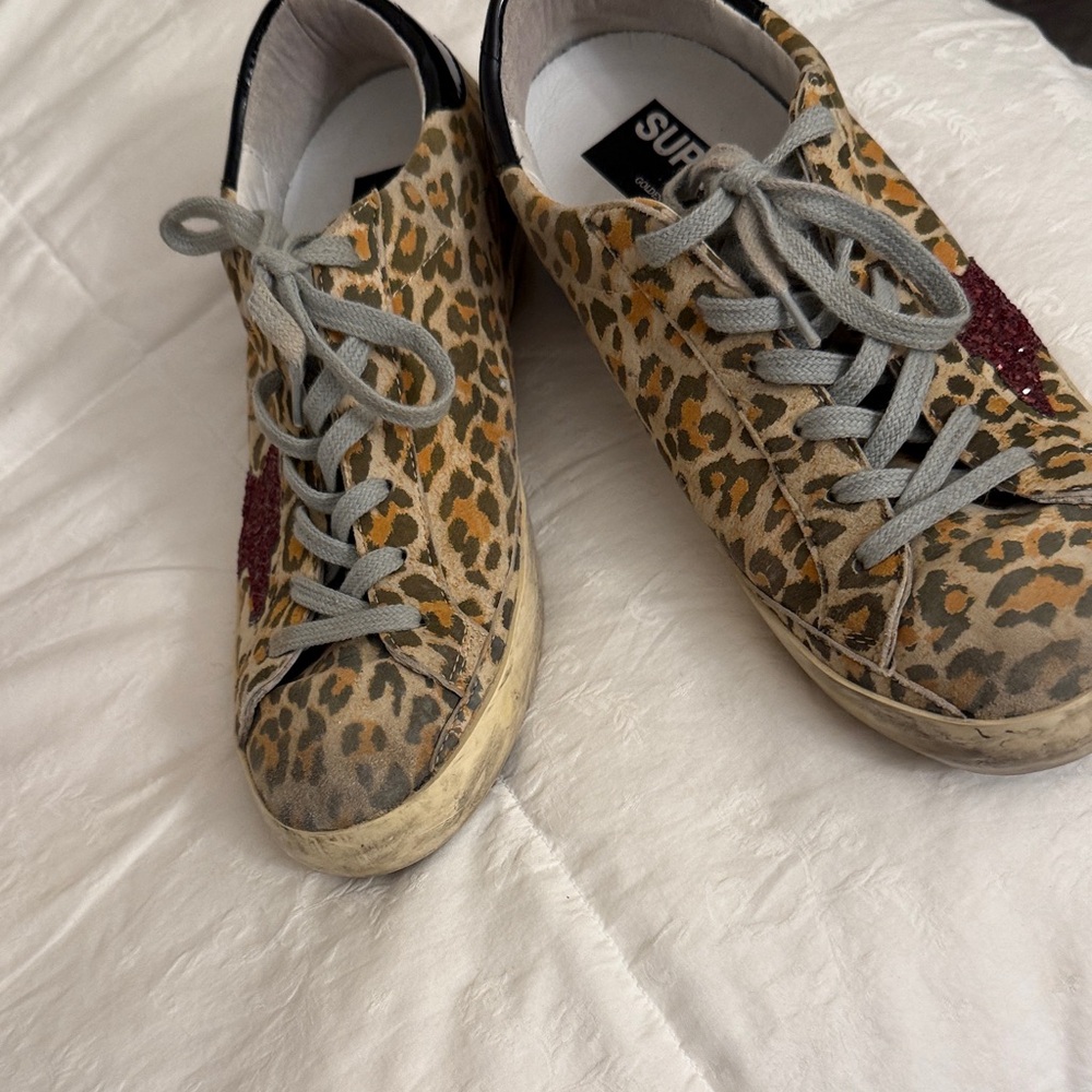 Golden Goose superstar Leopard Print Sneakers with Gray Laces and glitter star